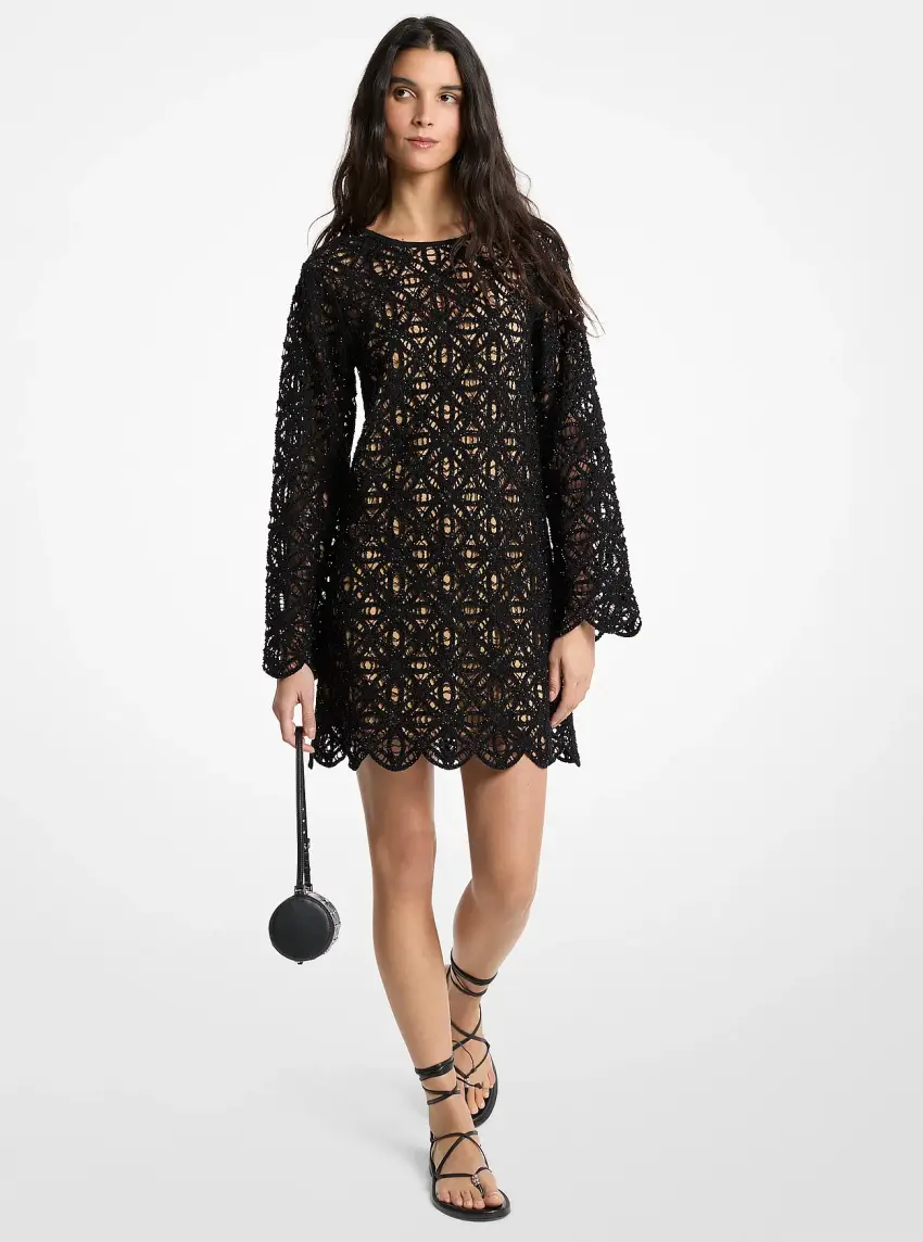Beaded Floral Crochet Mini Dress