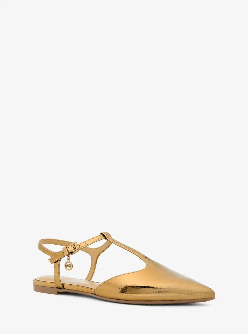 Cherie Snake Embossed Metallic Leather T-Strap Flat