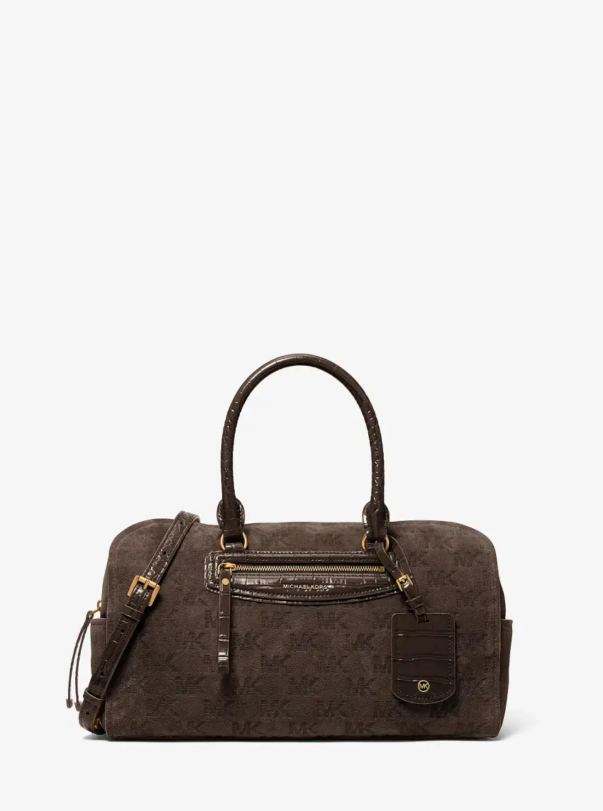 Jet Set Travel Medium Logo Embossed Suede Duffel Crossbody Bag