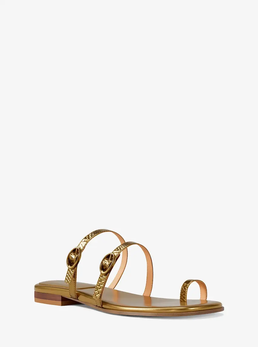 Kya Metallic Snake Embossed Leather Flat Sandal