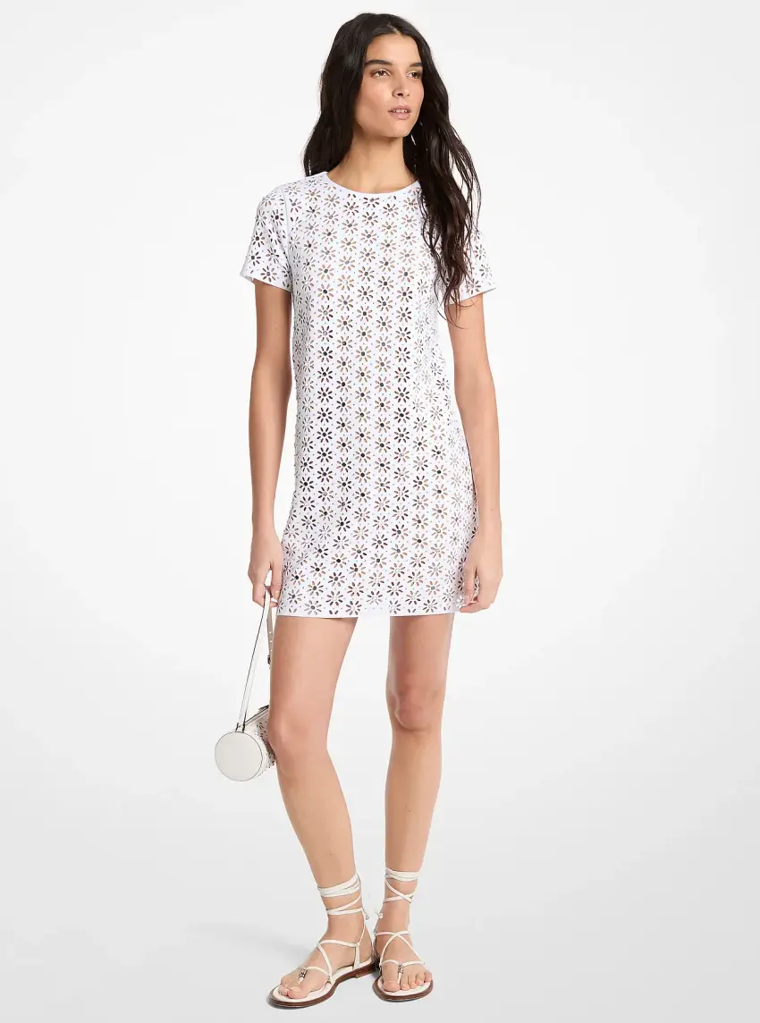 Mirror-Embellished Floral Laser-Cut Scuba Dress