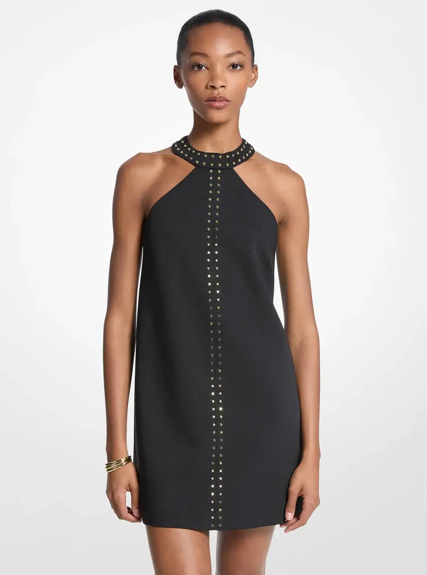 Studded Stretch Crepe Halter Mini Dress
